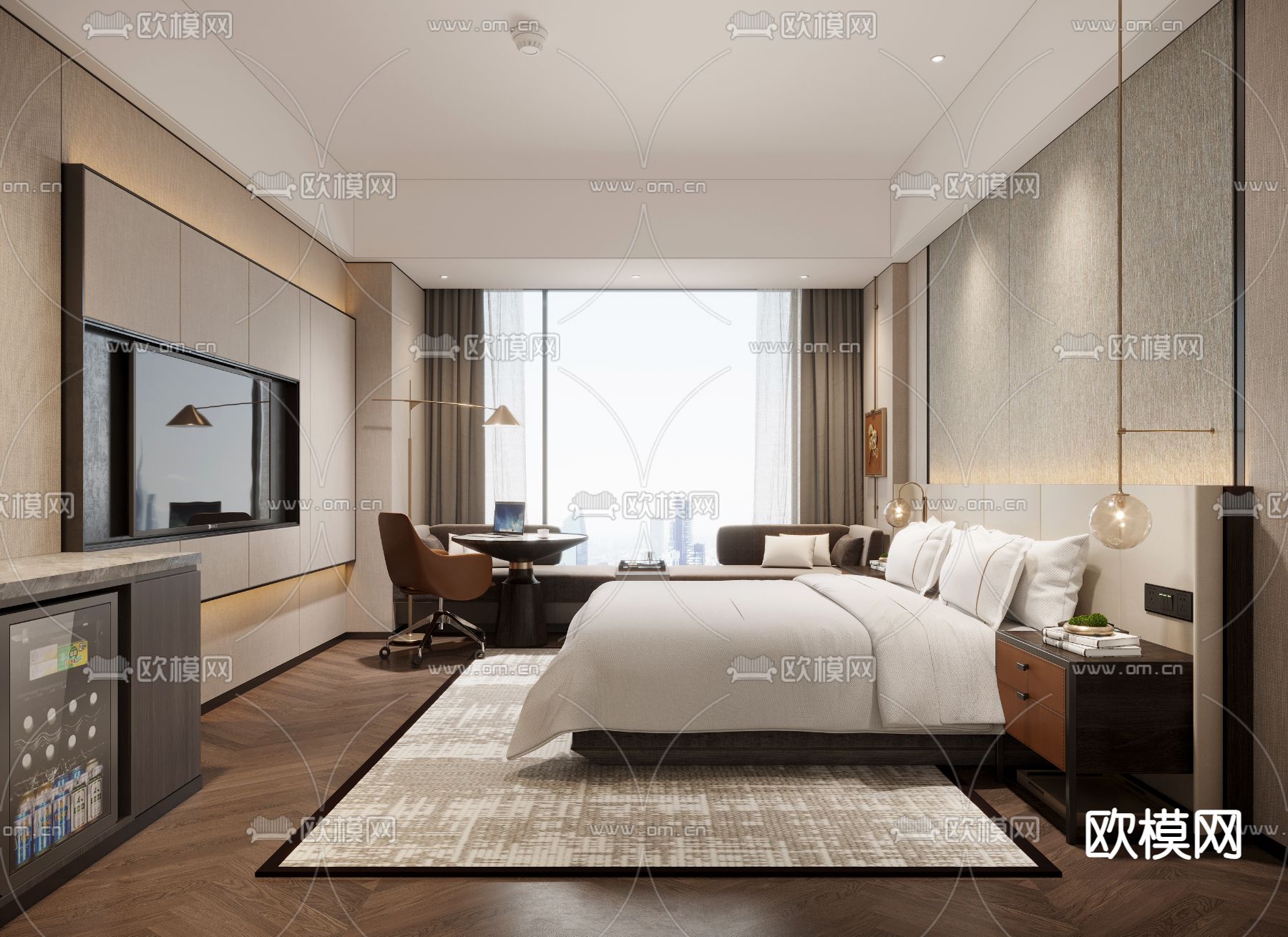 现代酒店客房免费3d模型下载（渲染图1）