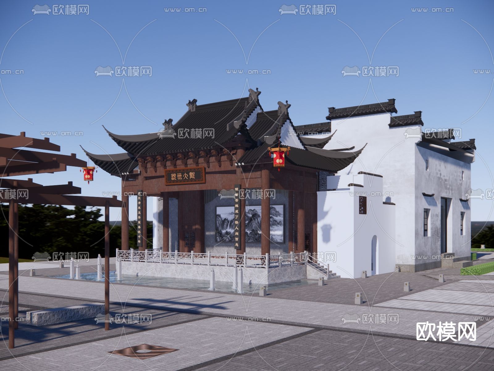 新中式戏台su模型下载（渲染图1）