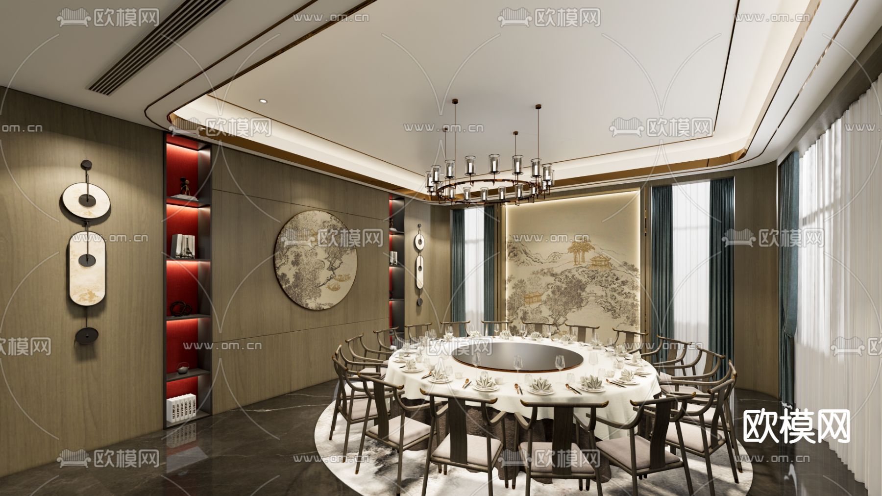 新中式中餐厅包厢su模型下载（渲染图1）