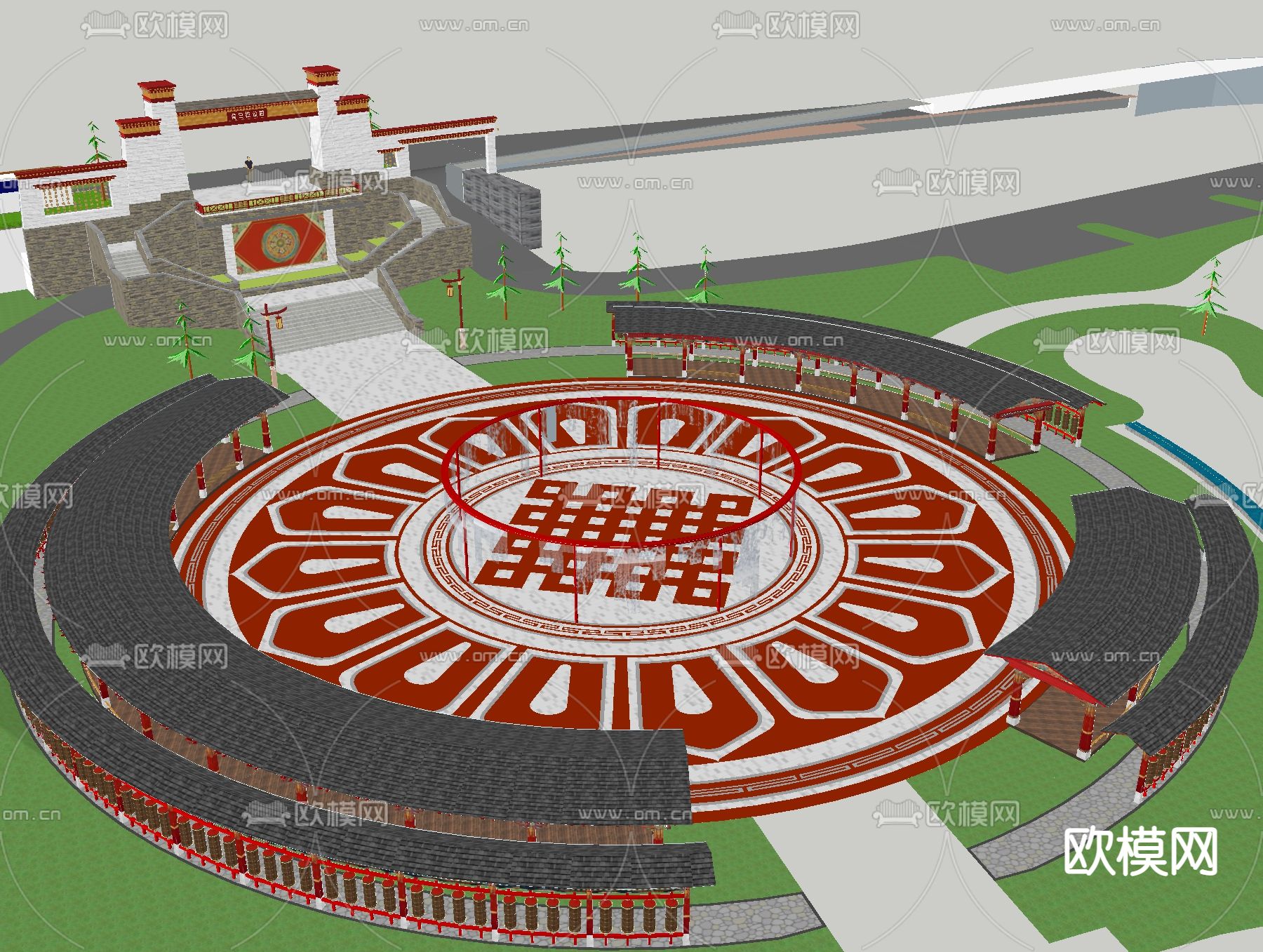 中式户外景观 广场景观su模型下载（渲染图4）