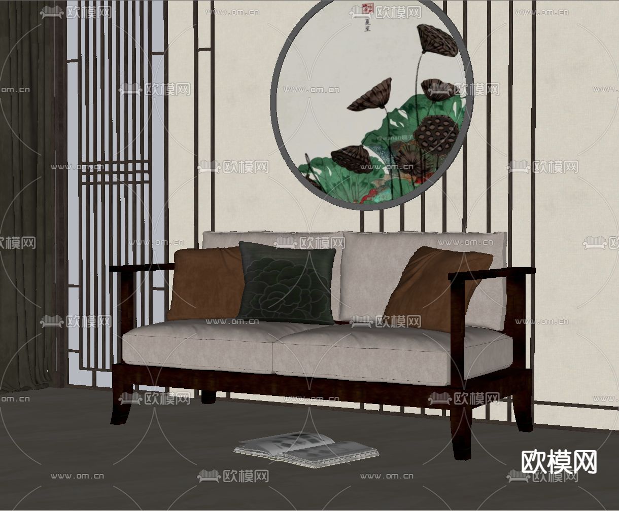 新中式双人沙发su模型下载（渲染图2）