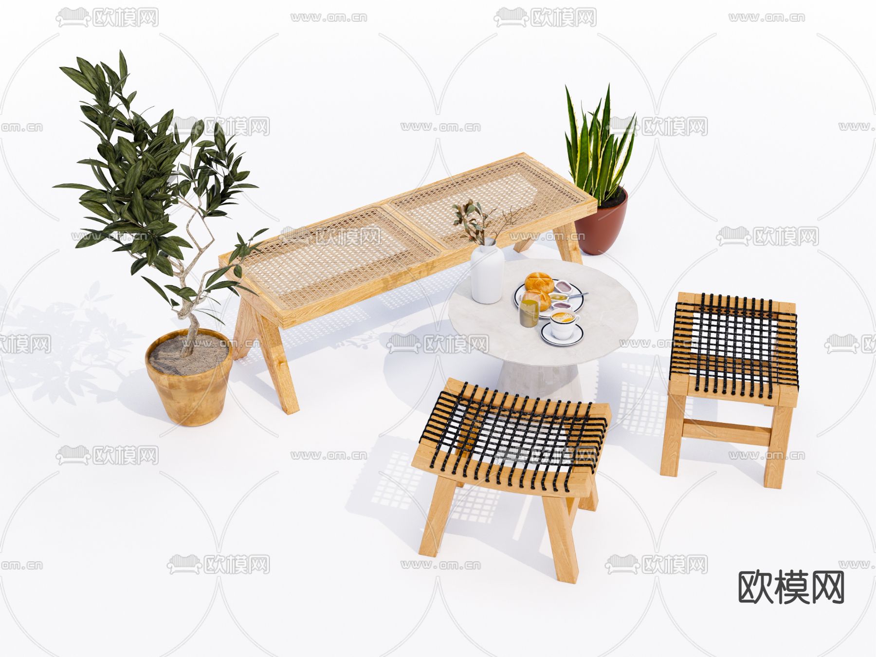 北欧实木板凳 长凳su模型下载（渲染图1）