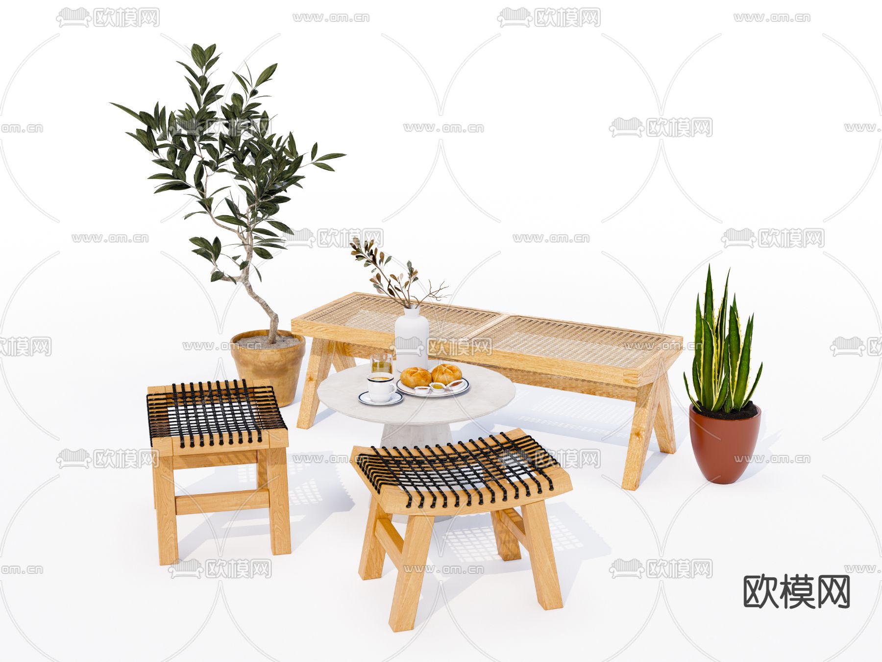 北欧实木板凳 长凳su模型下载（渲染图2）