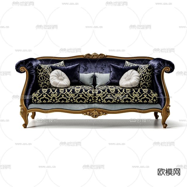 欧式古典实木雕花布艺双人沙发免费3d模型下载