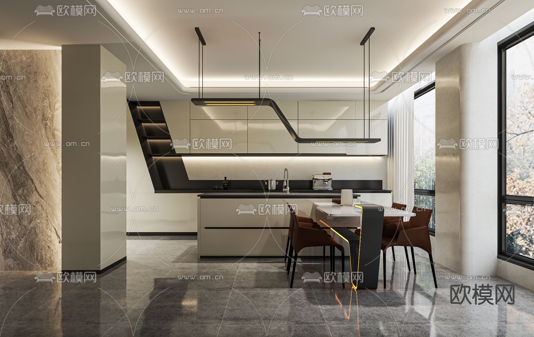 中岛餐厅 厨房免费3d模型下载（渲染图2）