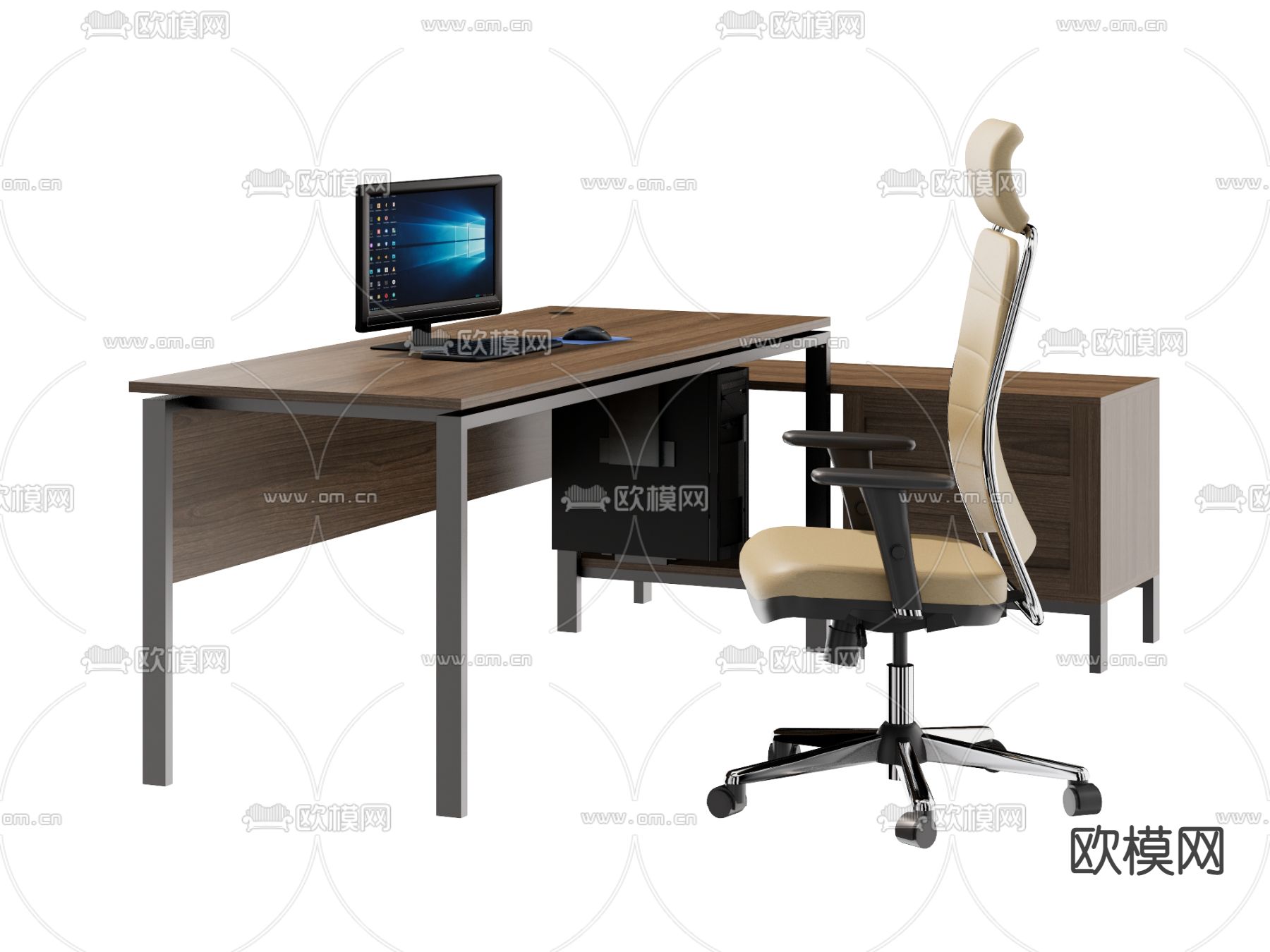 现代班台桌椅su模型下载（渲染图1）