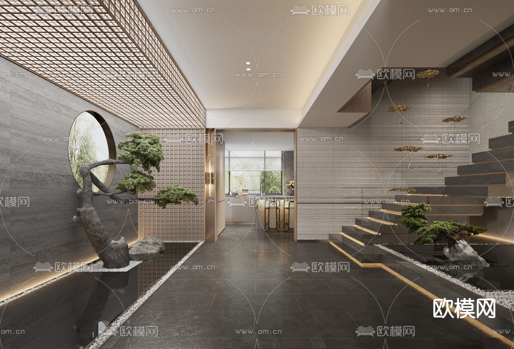 轻奢风别墅客厅3d模型下载（渲染图3）