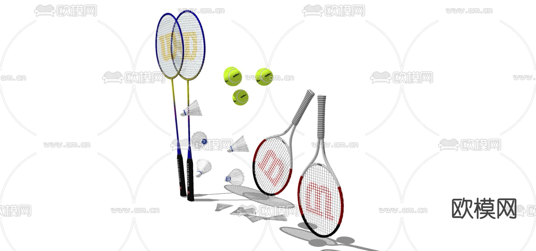 羽毛球 网球 球拍 运动器材su模型
