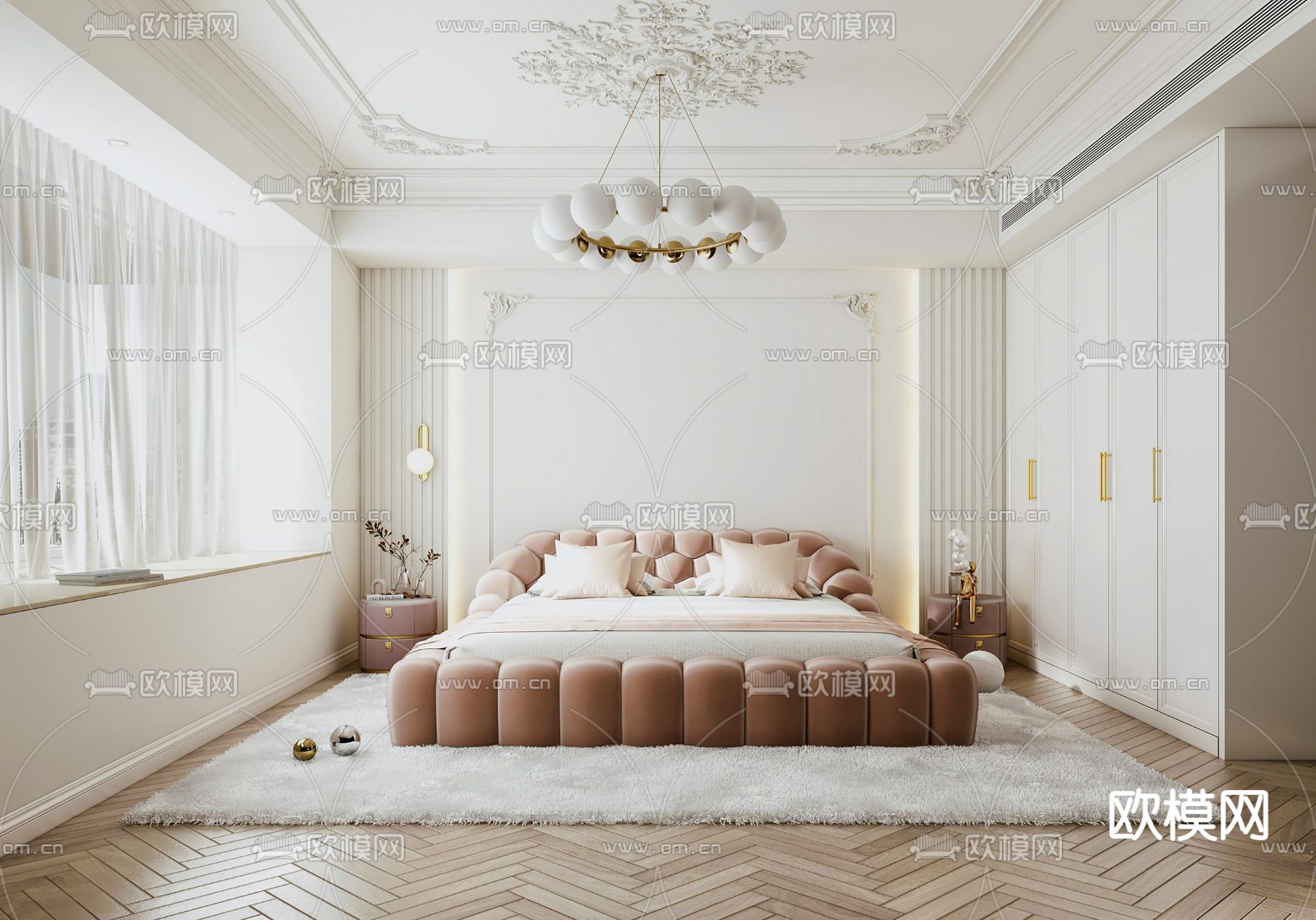 奶油风卧室 主人房su模型下载（渲染图1）