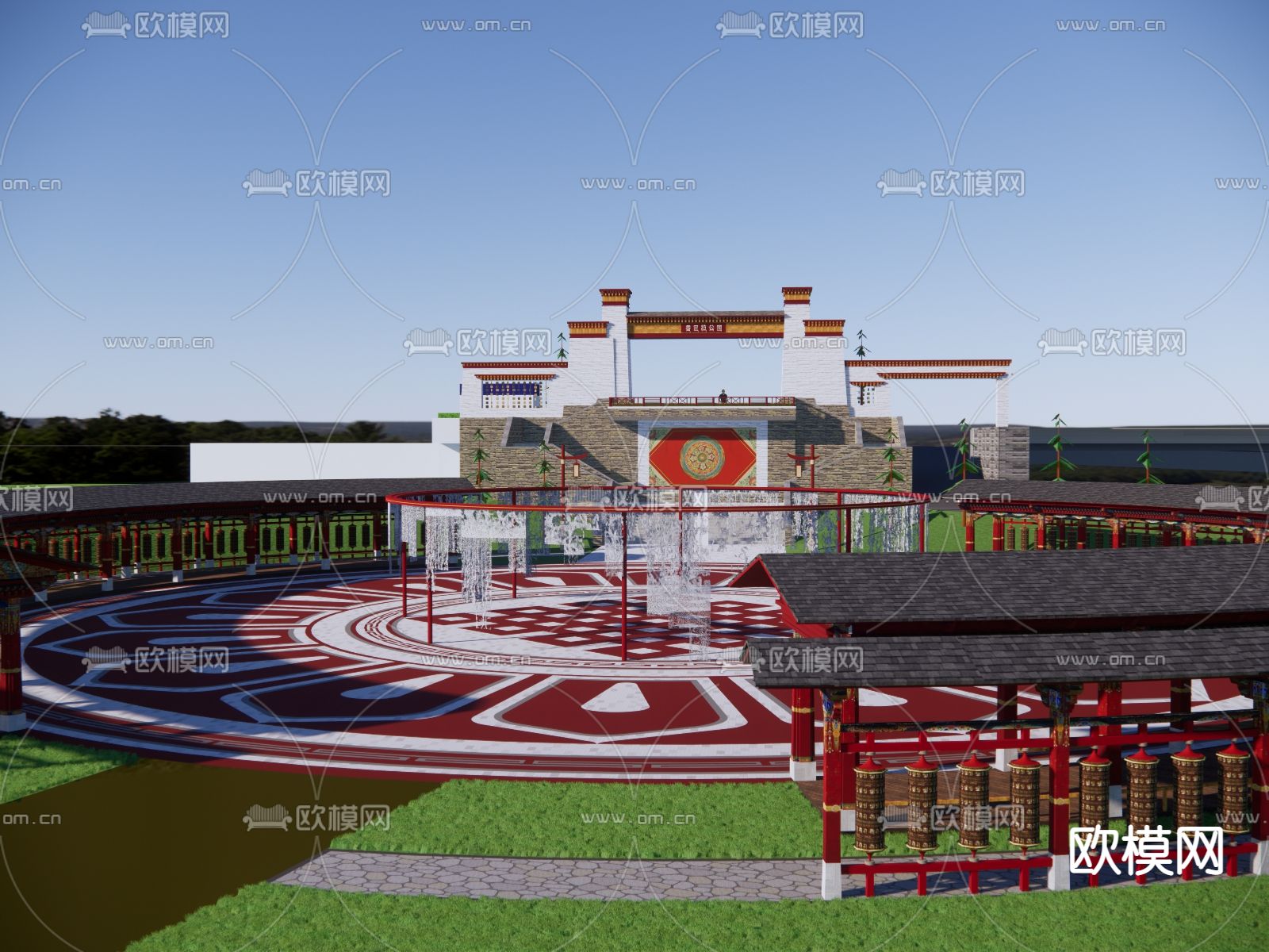 中式户外景观 广场景观su模型下载（渲染图1）