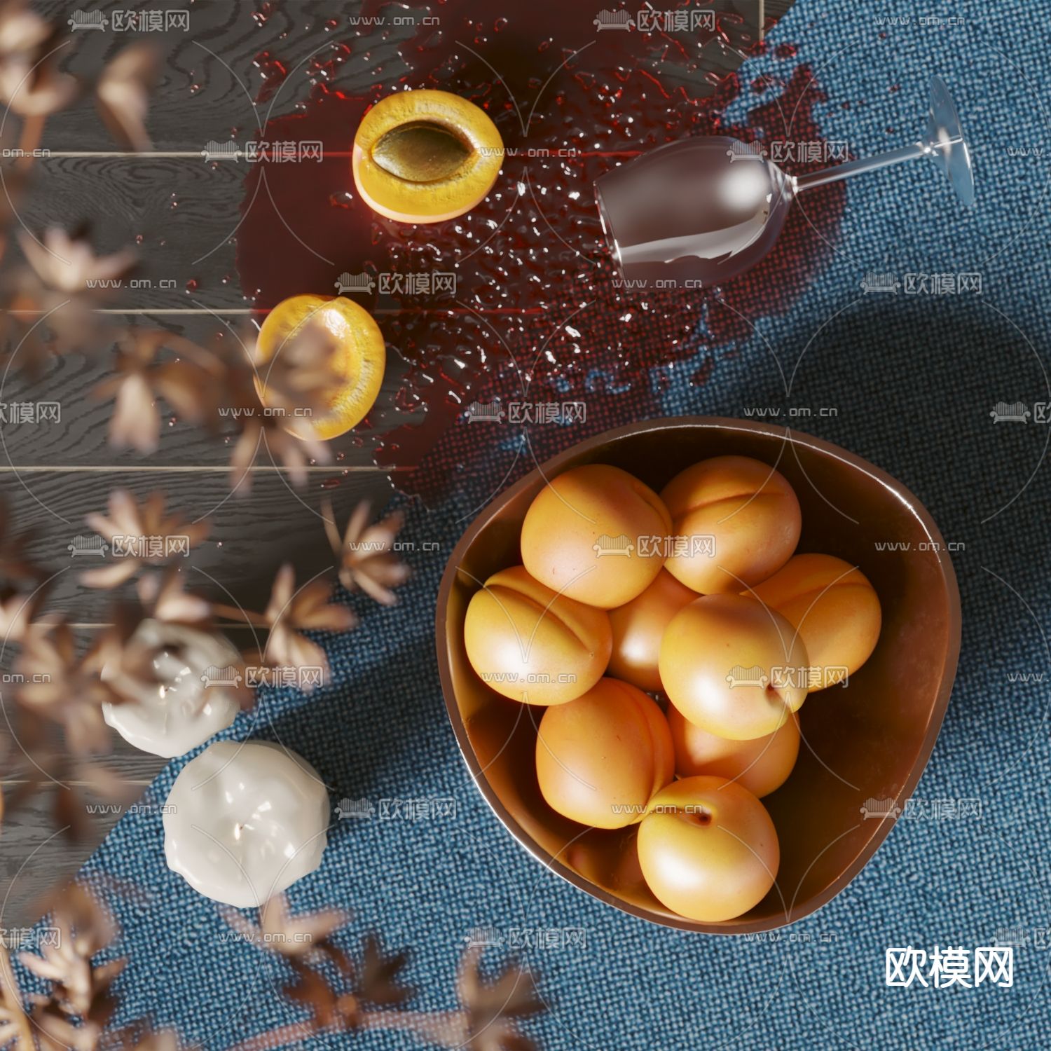 油桃果盘 红酒 烛台灯3d模型下载