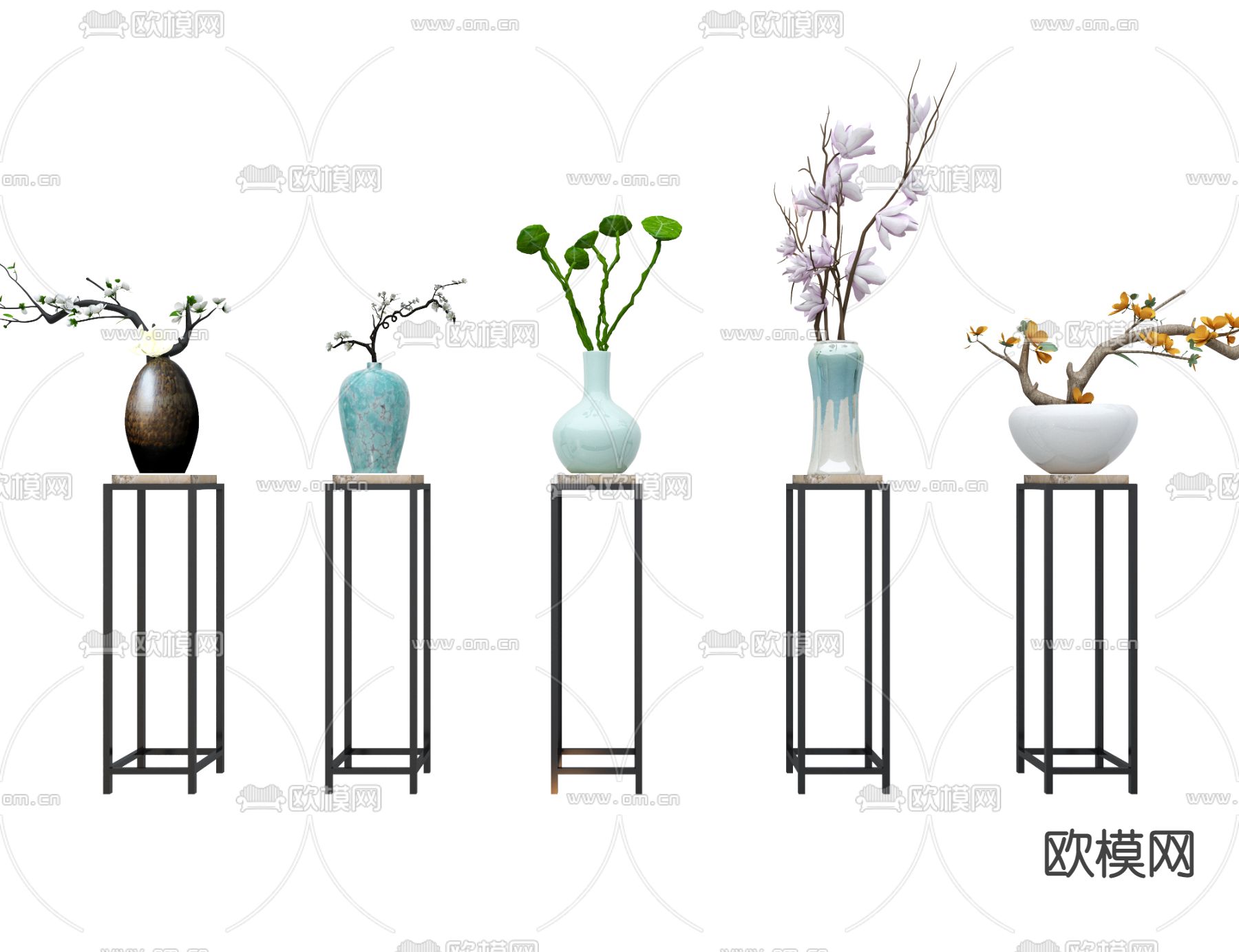 中式花卉花瓶 花艺3d模型下载（渲染图1）