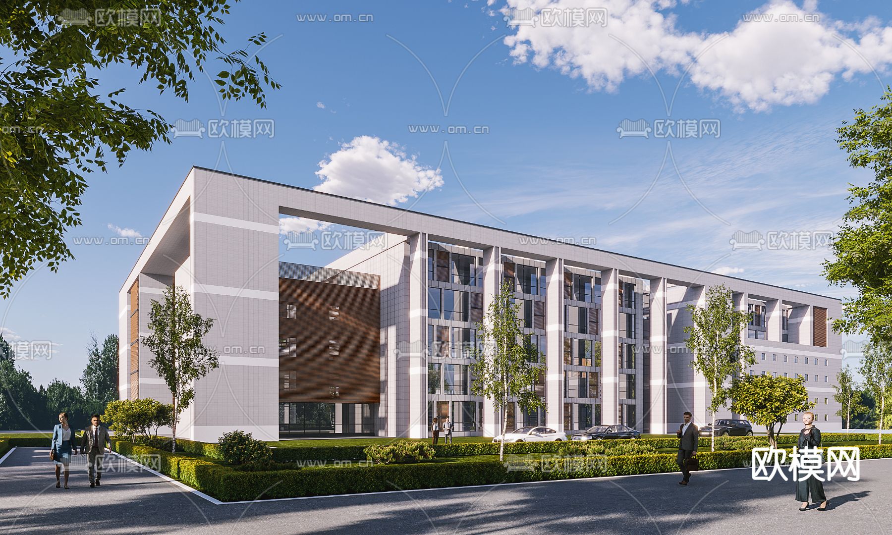 现代多层办公楼外观su模型下载（渲染图1）
