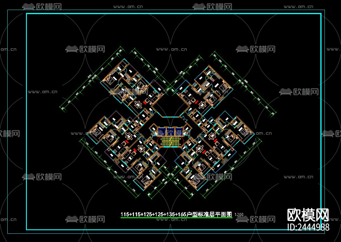 一梯四户、六户户型标准平面图cad施工图下载（渲染图5）