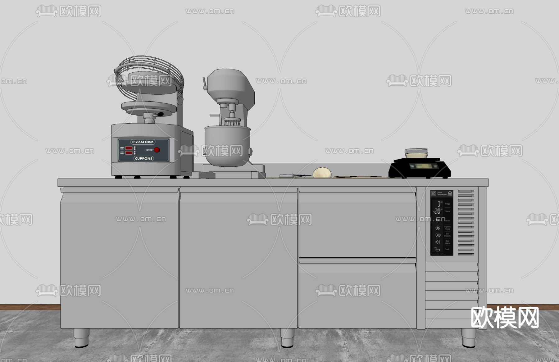 不锈钢中央厨房工作台su模型下载（渲染图2）