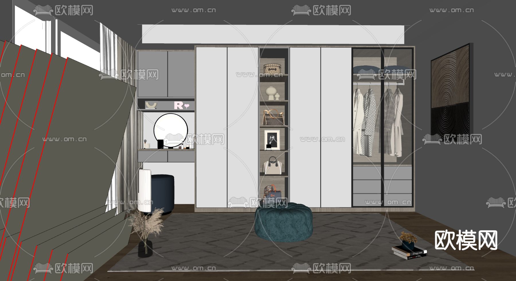 高级灰衣帽间su模型下载（渲染图2）