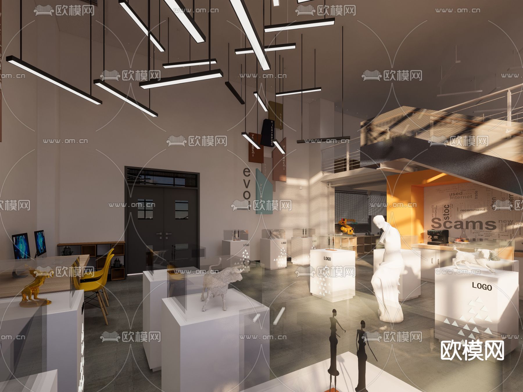 高级灰雕塑展厅su模型下载（渲染图2）