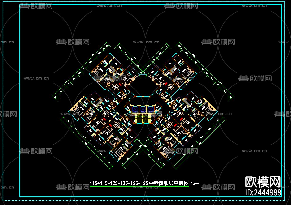一梯四户、六户户型标准平面图cad施工图下载（渲染图4）