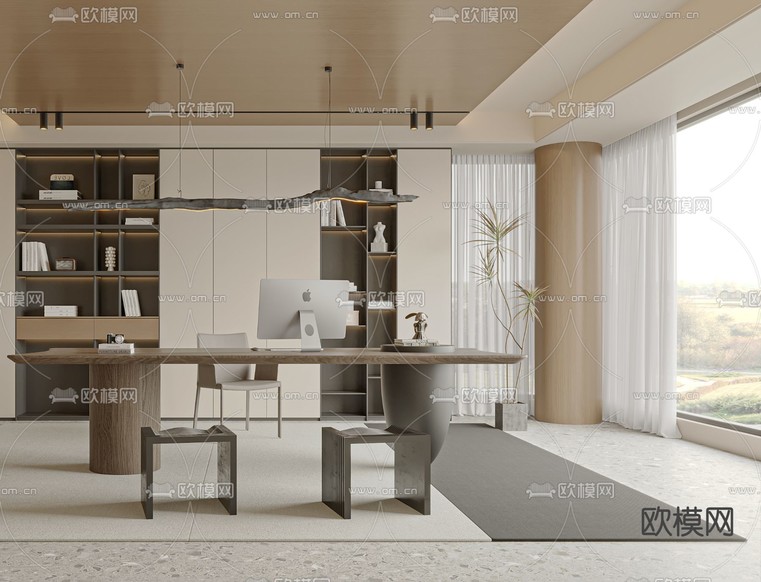 奶油风书房3d模型下载_ID12272194_3dmax免费模型-欧模网