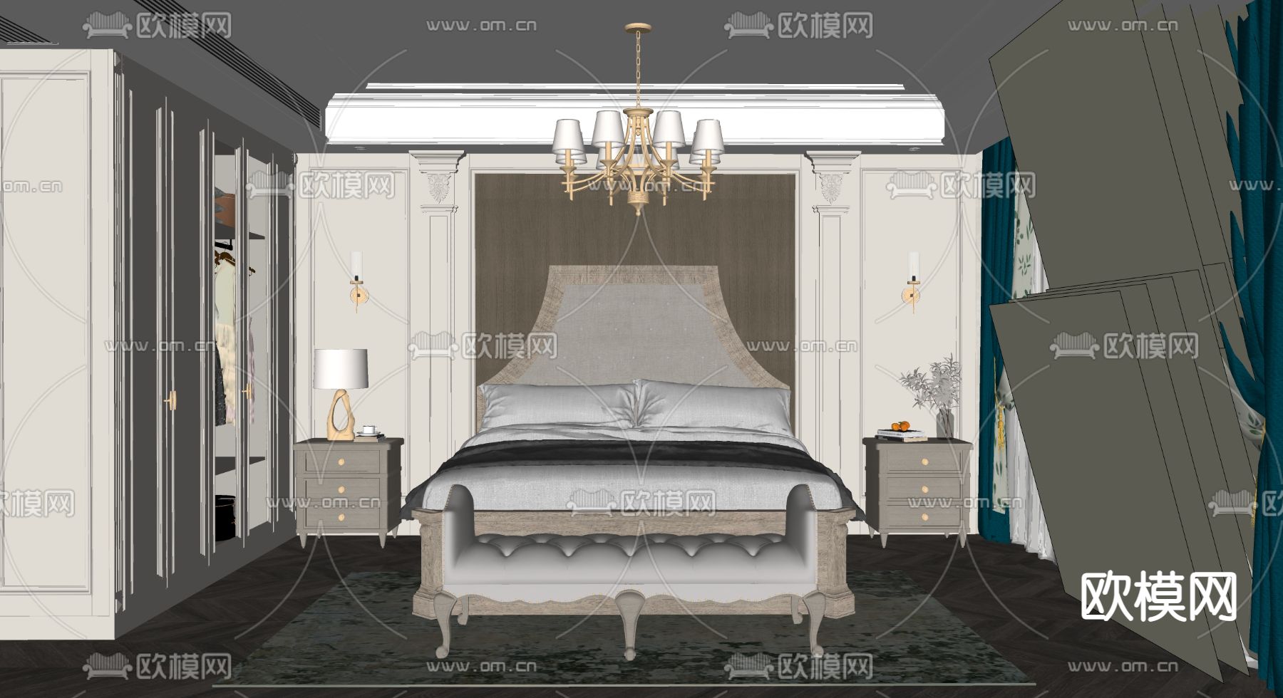 简欧卧室 主人房su模型下载（渲染图2）
