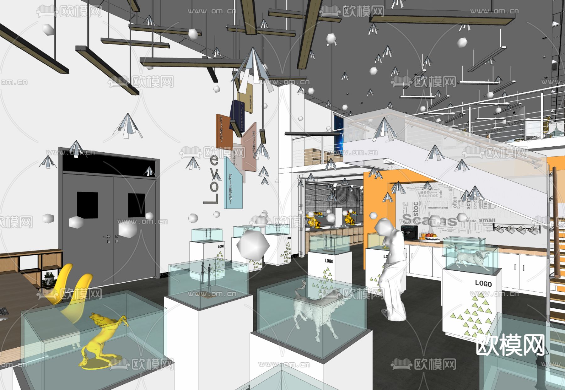 高级灰雕塑展厅su模型下载（渲染图3）