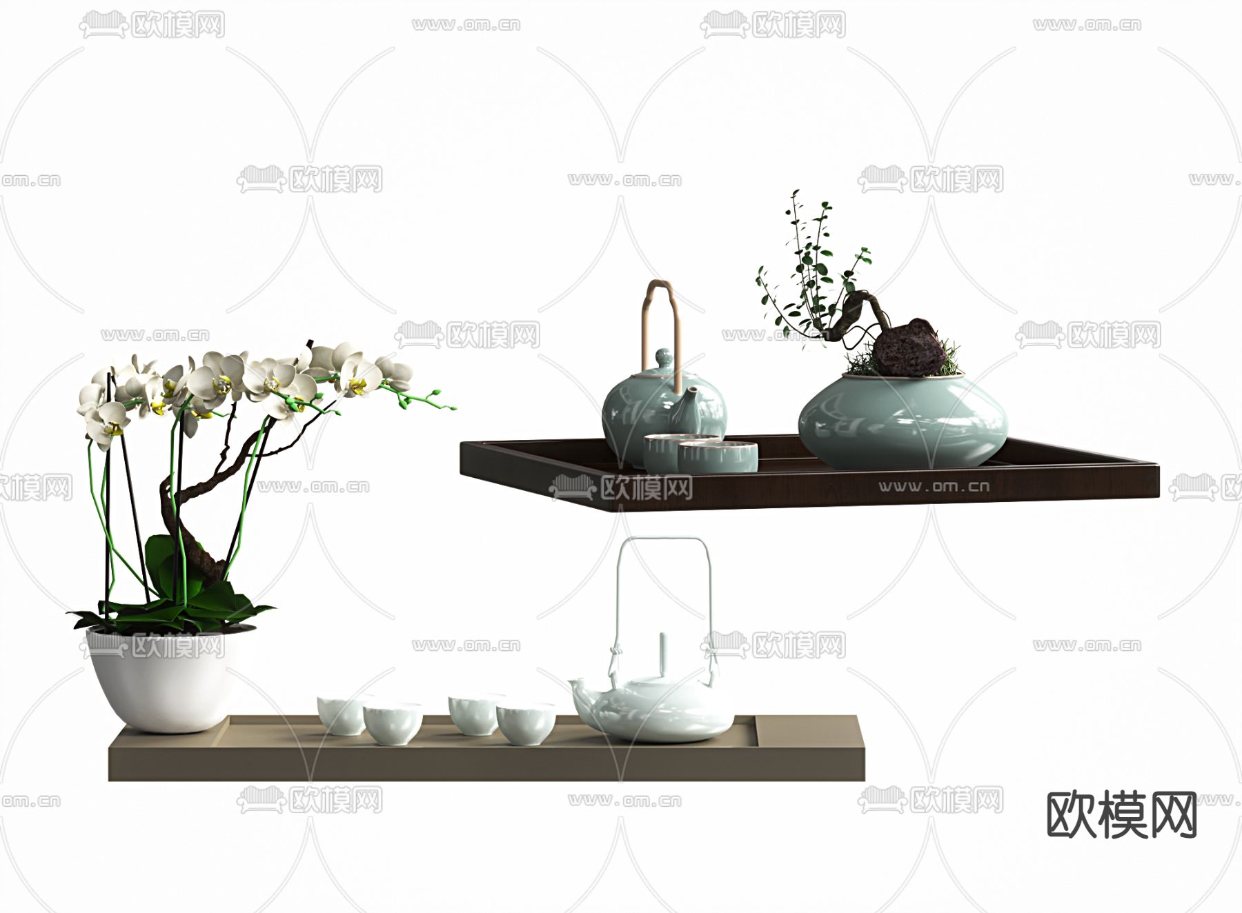 新中式茶具 绿植盆栽su模型