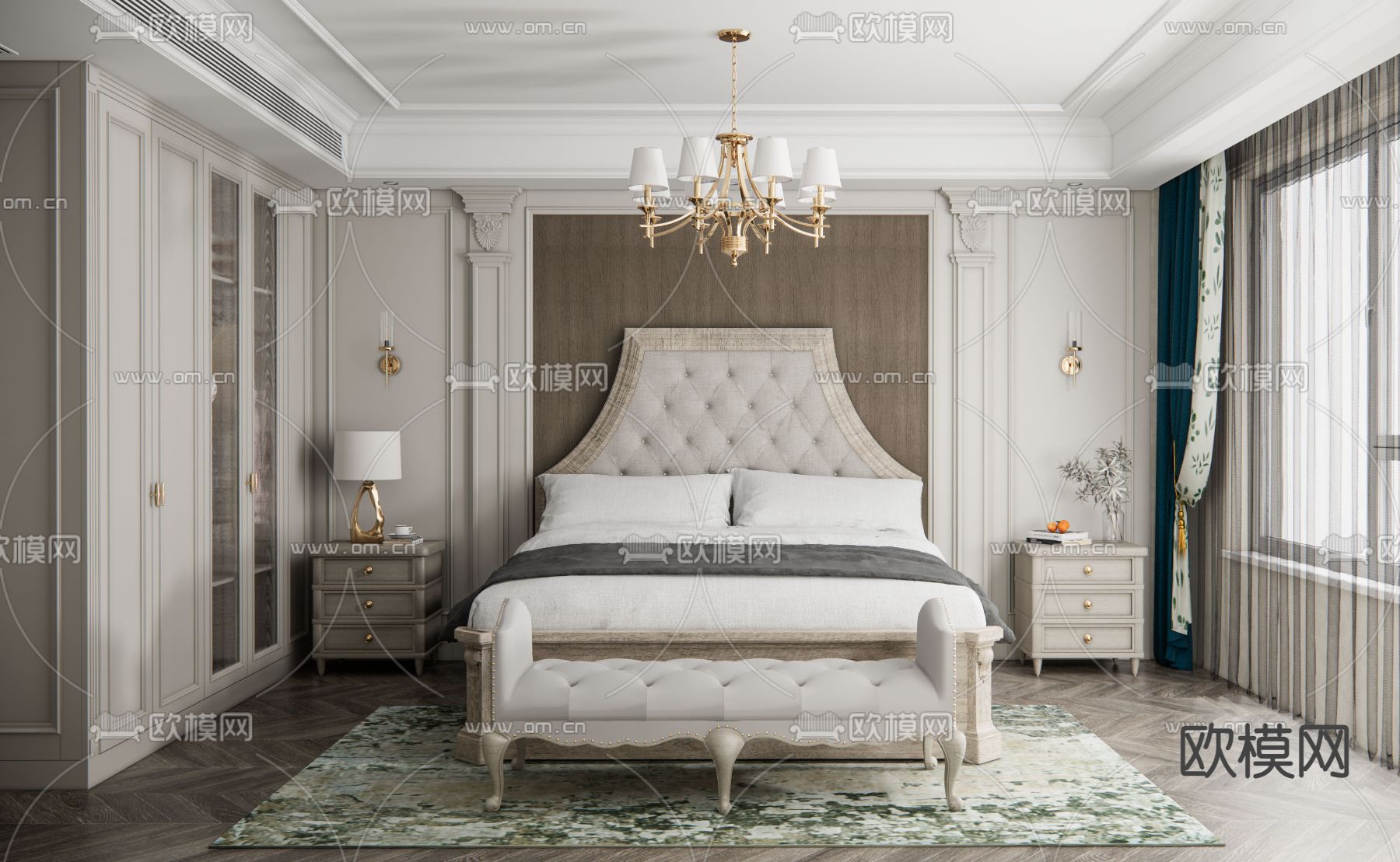 简欧卧室 主人房su模型下载（渲染图1）