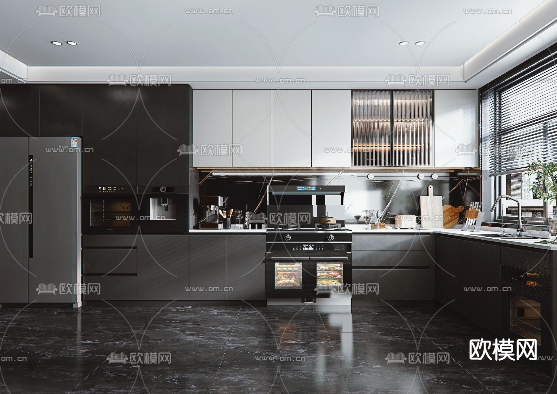 暗黑风厨房 橱柜su模型下载（渲染图1）