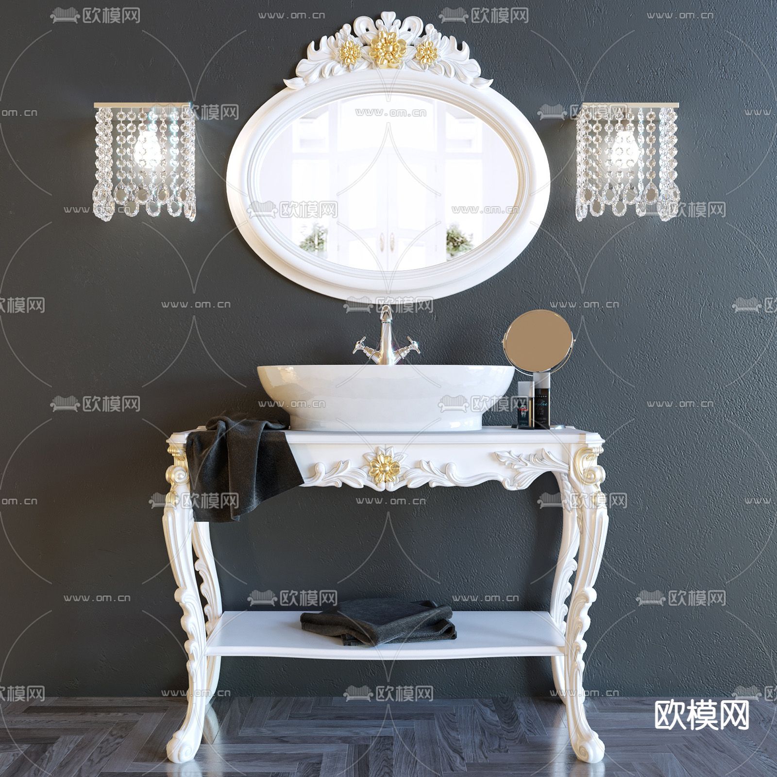 欧式古典实木雕花陶瓷洗手台免费3d模型下载