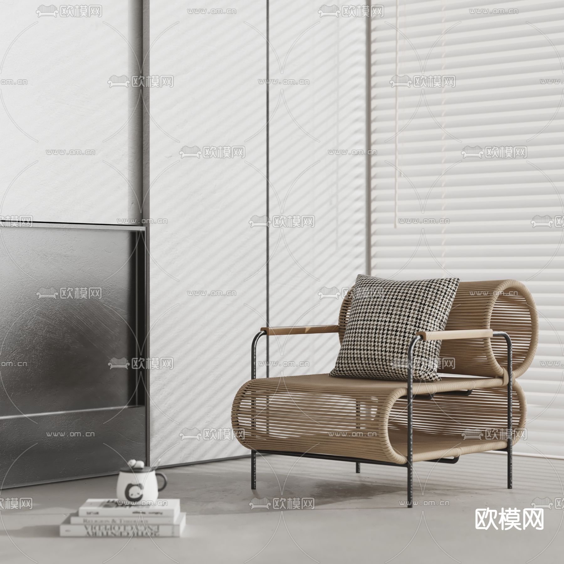 侘寂风藤编休闲椅子su模型下载（渲染图1）