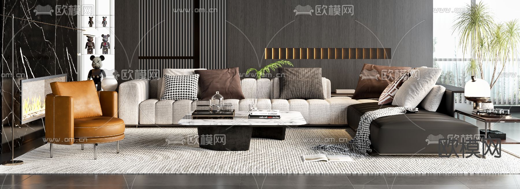 暗黑风客厅3d模型下载（渲染图2）