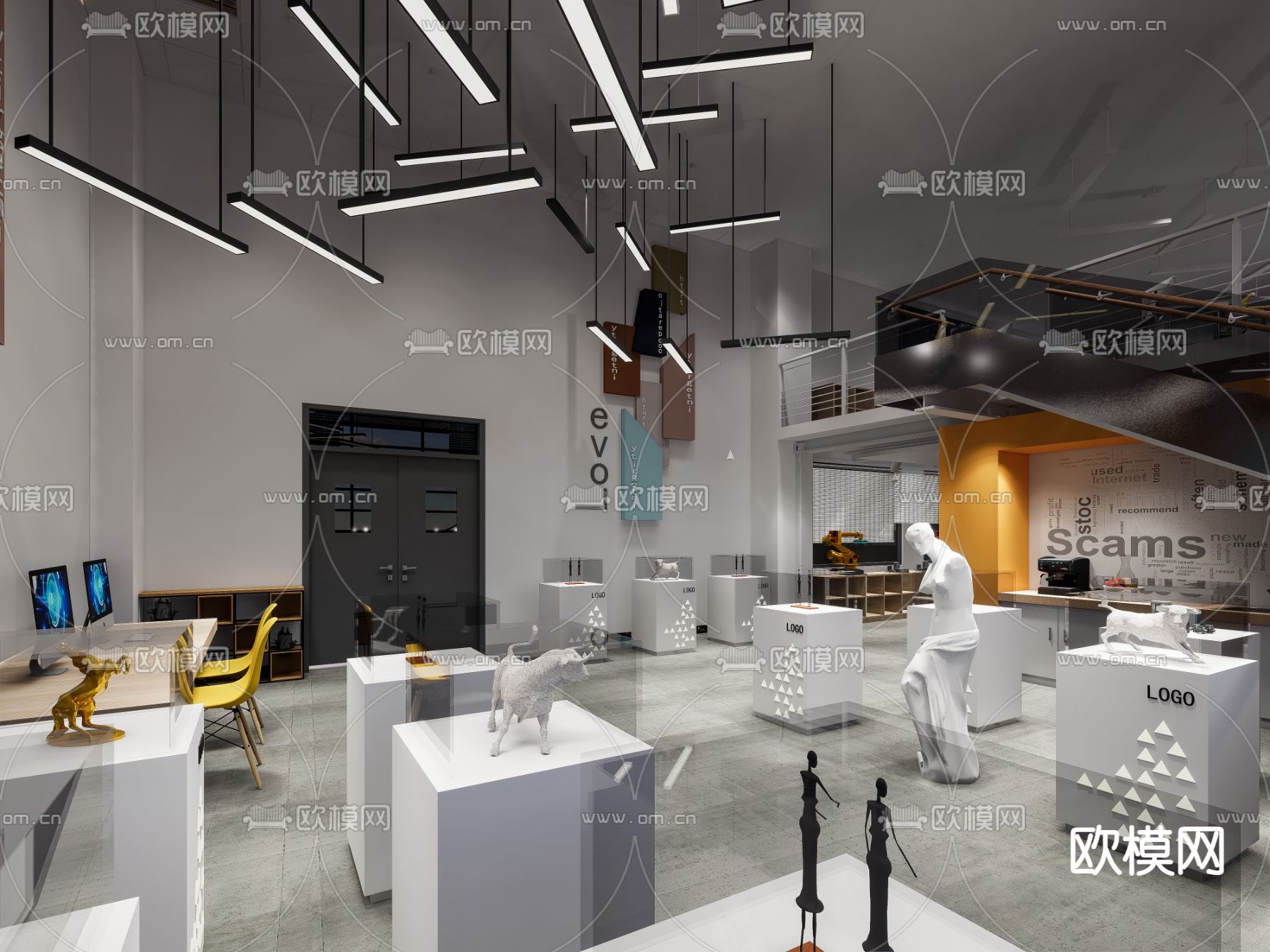 高级灰雕塑展厅su模型下载（渲染图1）