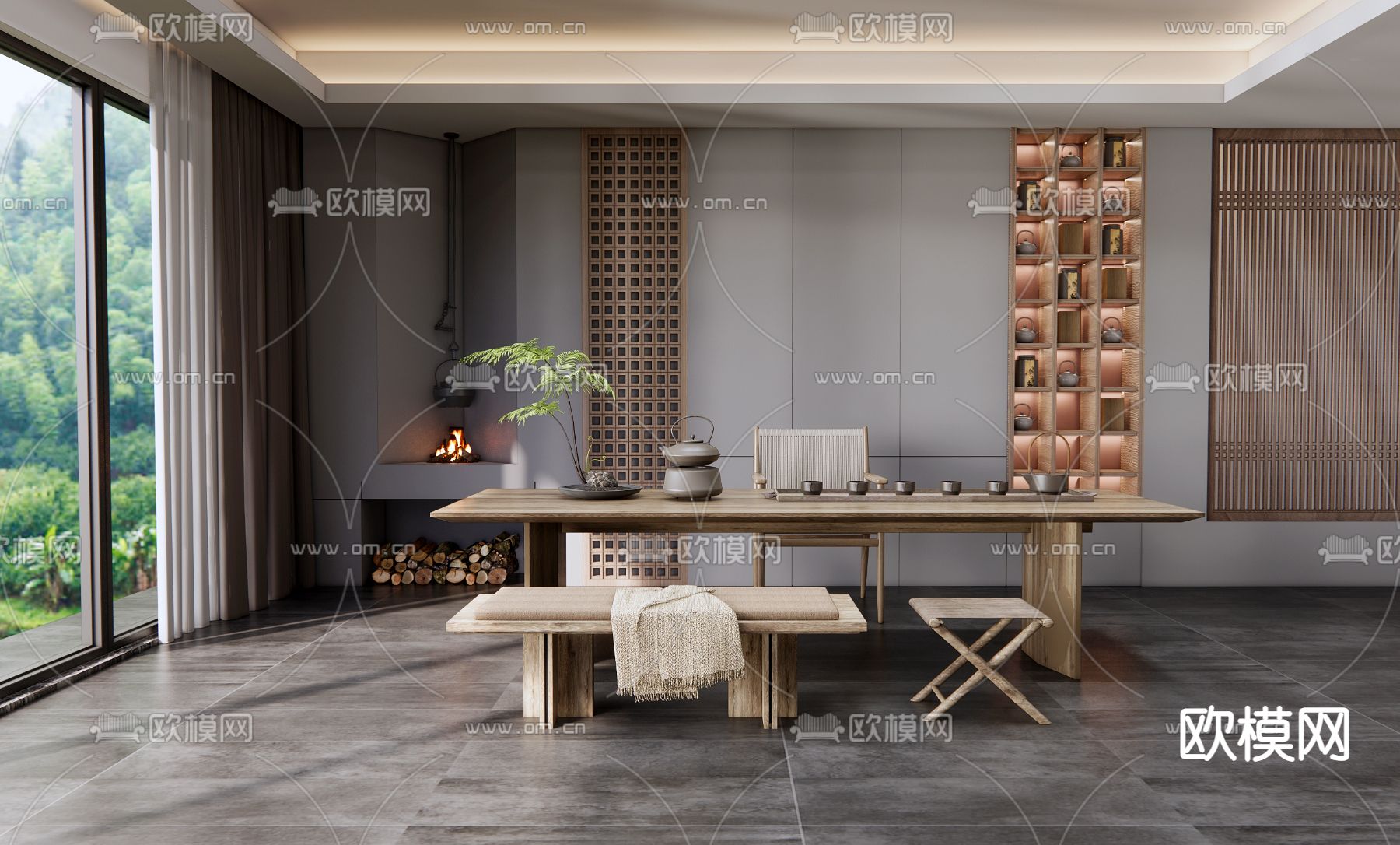 新中式茶室su模型下载_ID12272180_sketchup模型下载-欧模网