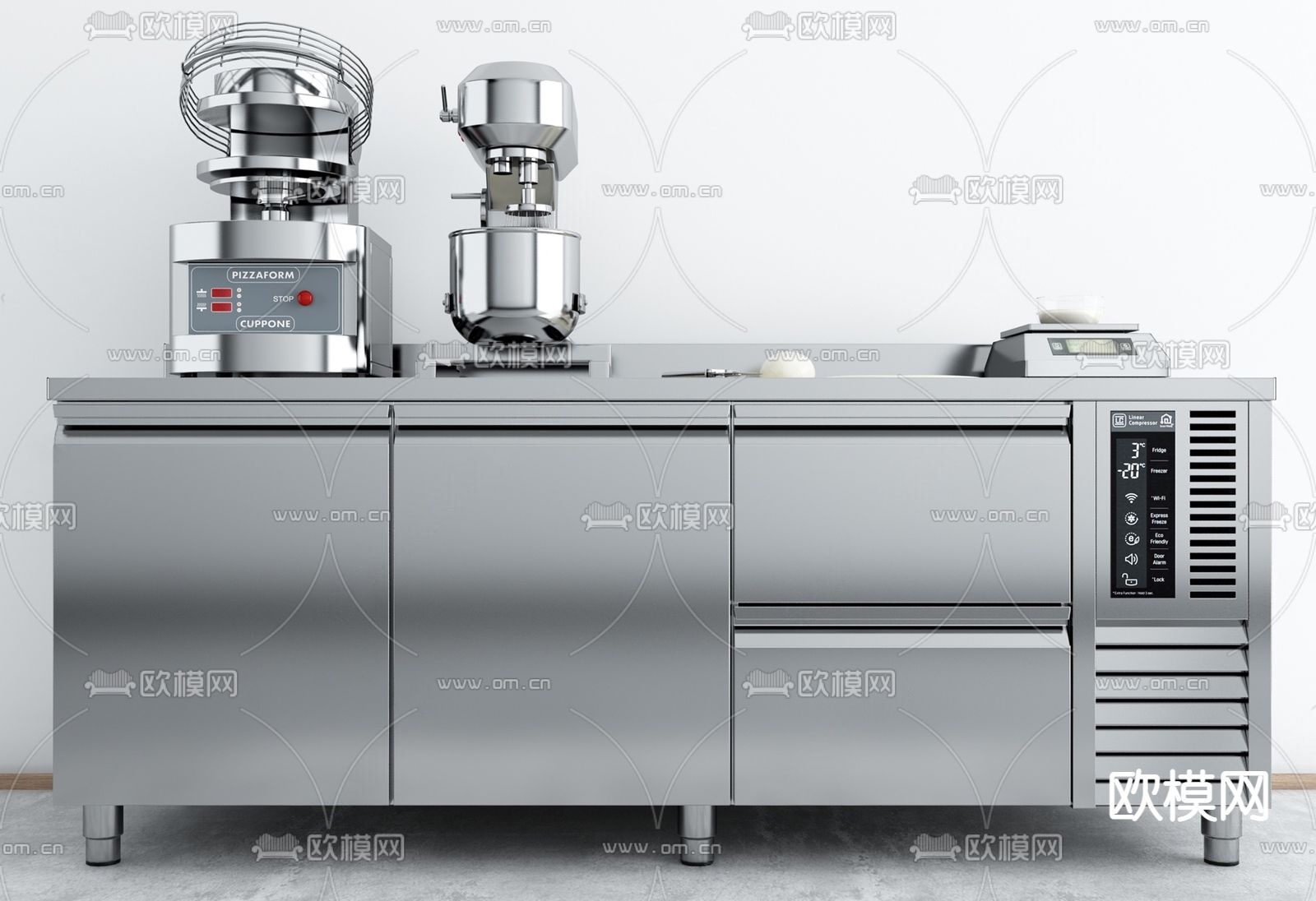 不锈钢中央厨房工作台su模型下载（渲染图1）