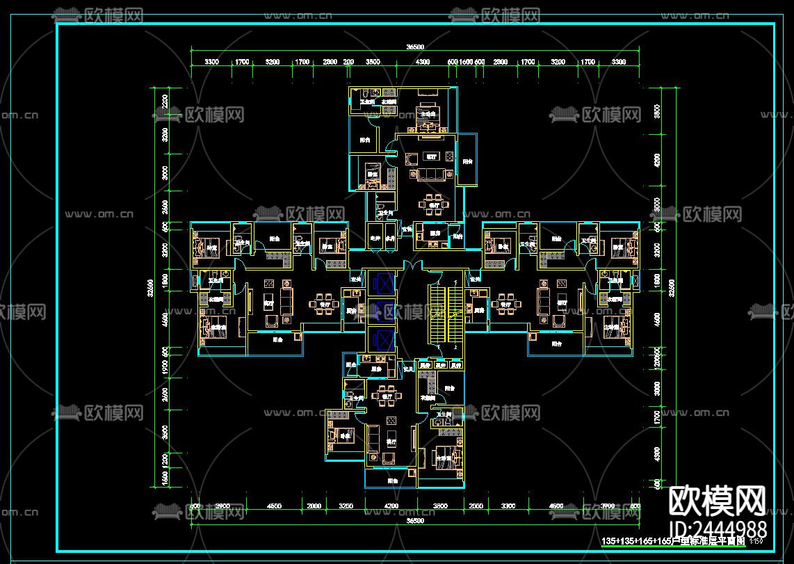 一梯四户、六户户型标准平面图cad施工图下载（渲染图3）