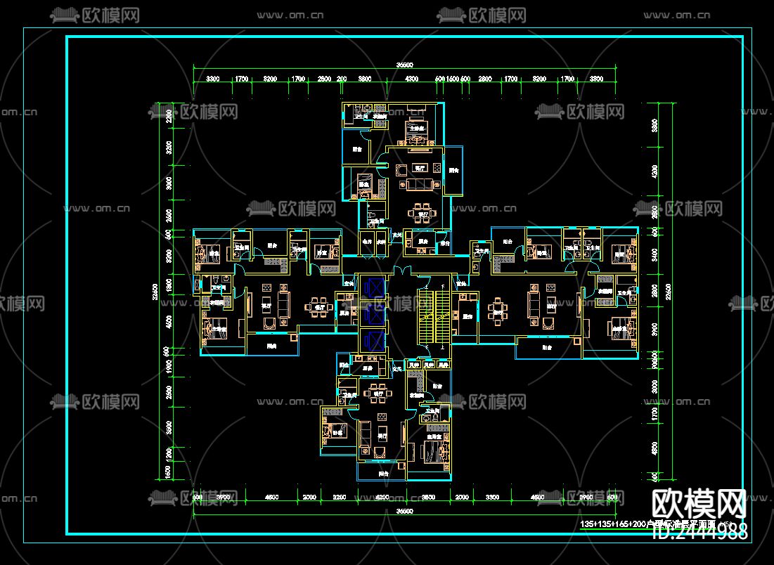 一梯四户、六户户型标准平面图cad施工图下载（渲染图2）