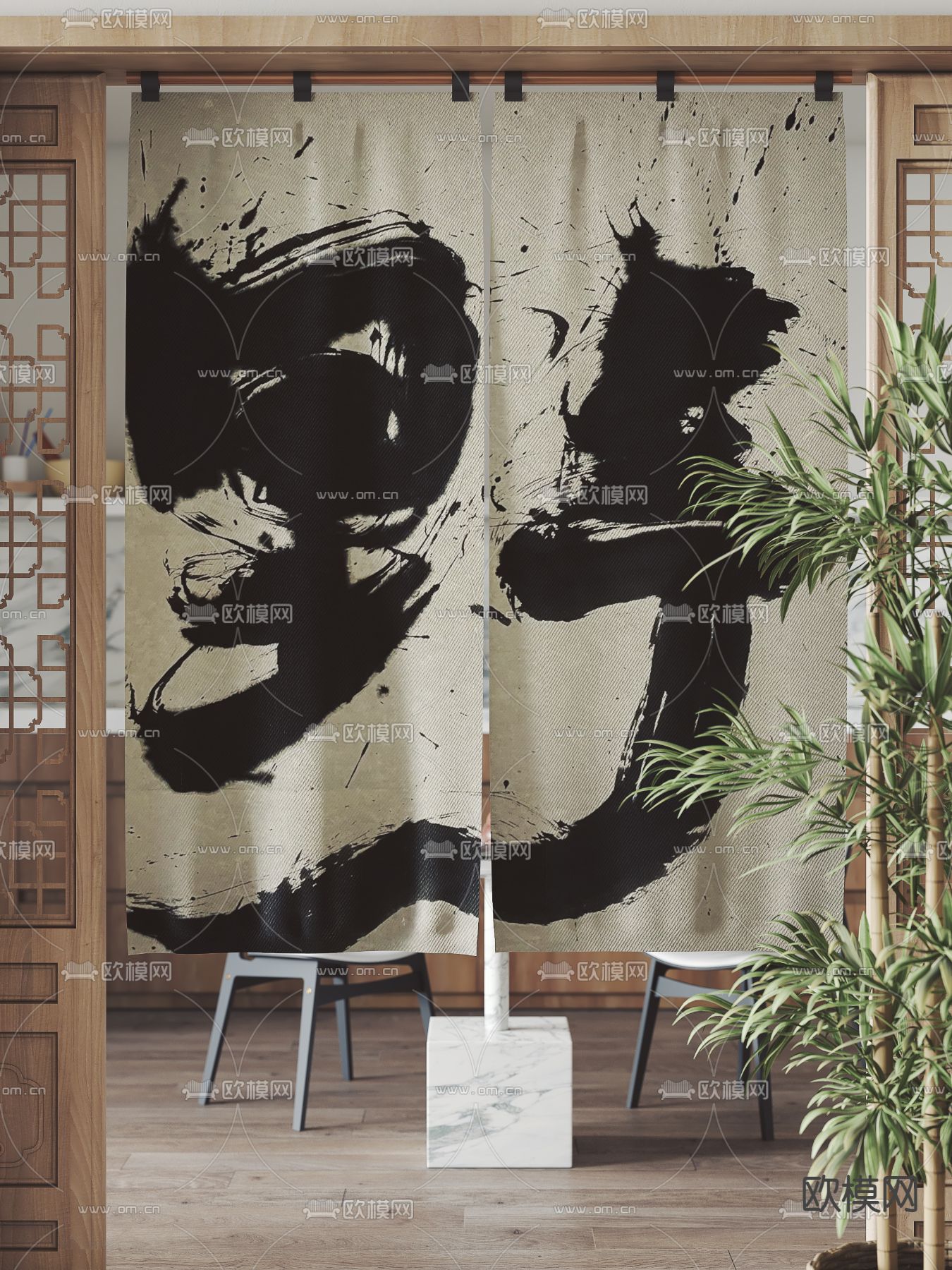 新中式门帘 布帘 窗帘3d模型下载