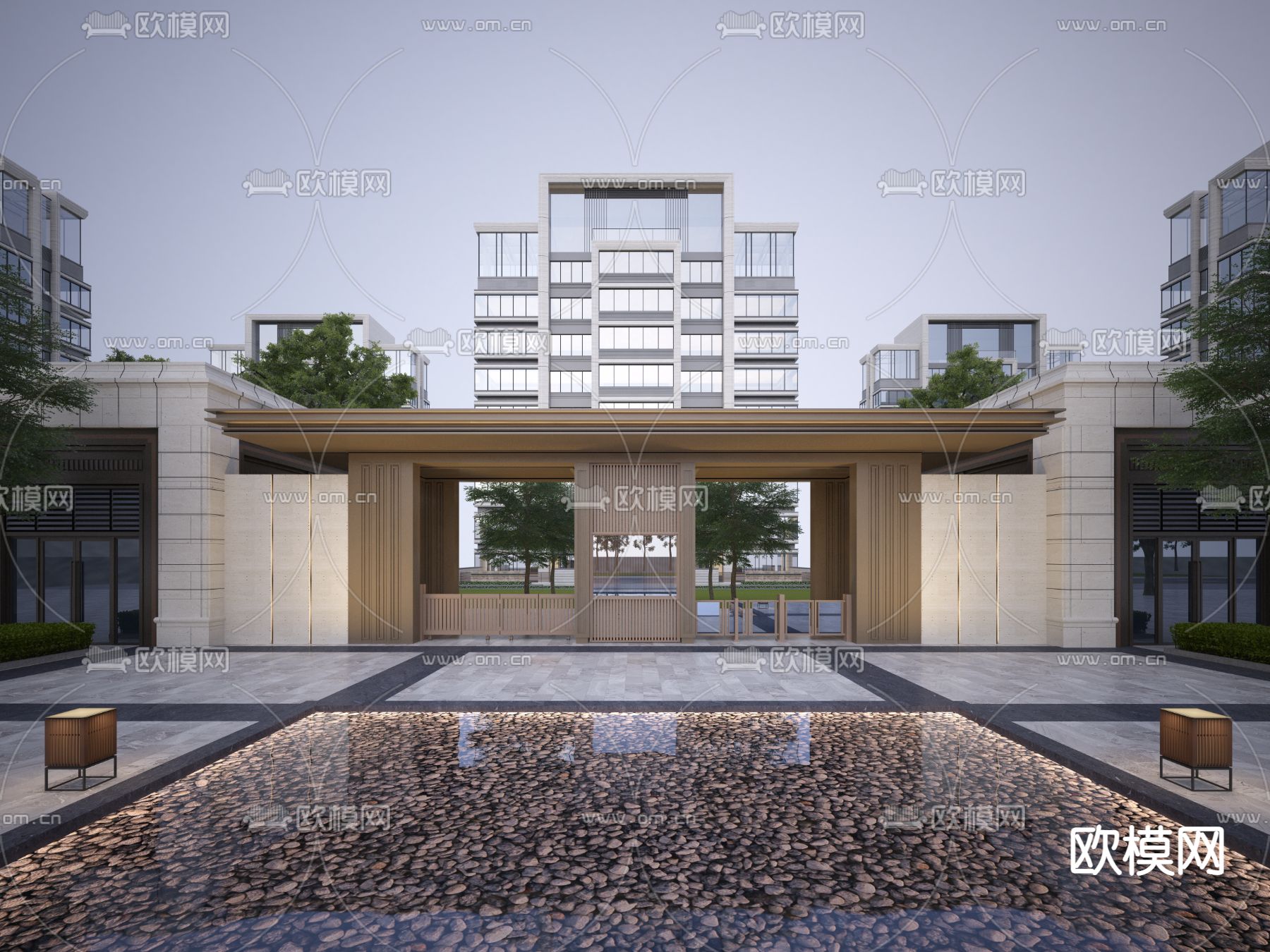 新中式小区大门 门头门面3d模型下载_ID12271662_3dmax免费模型-欧模网