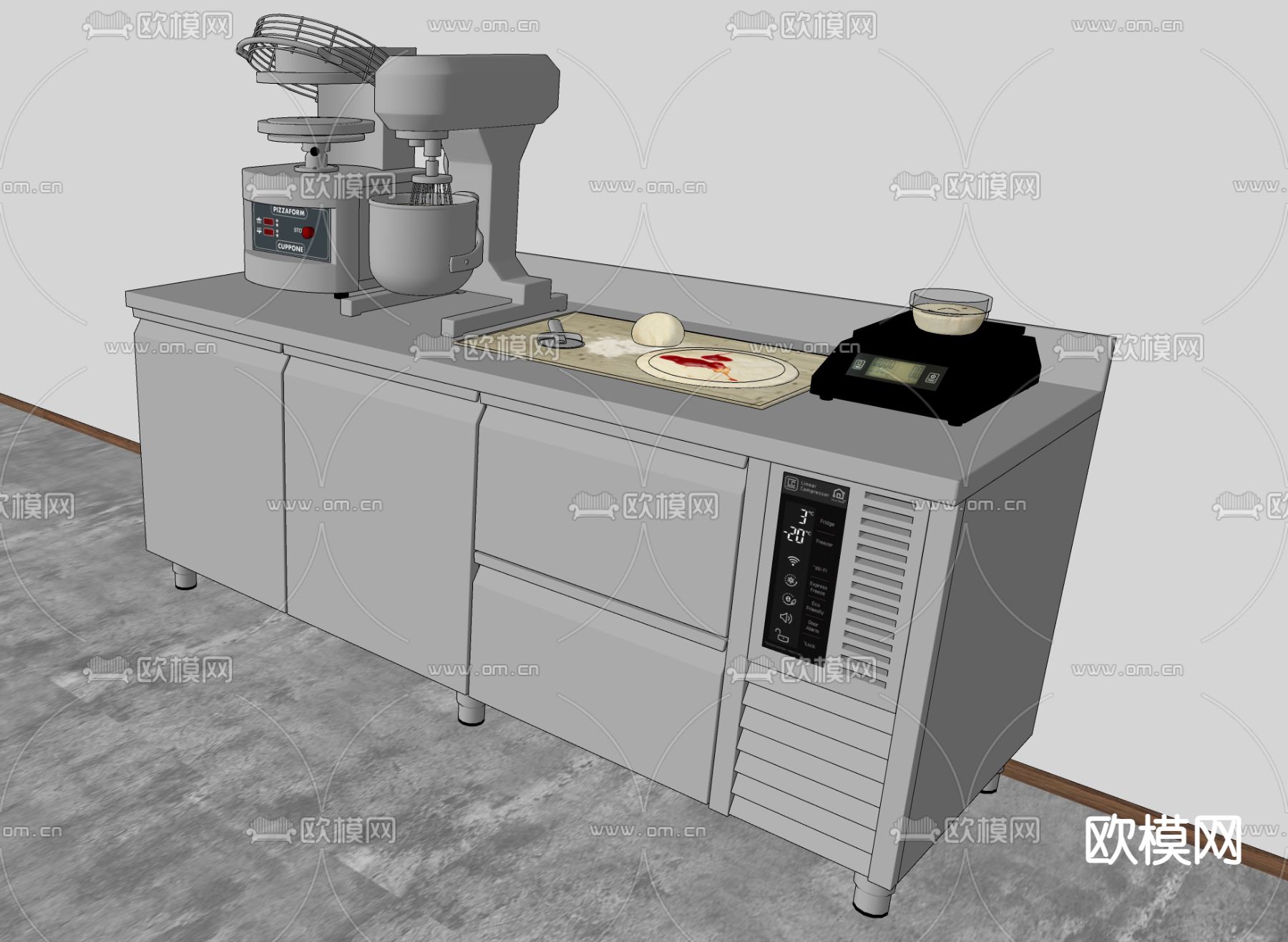 不锈钢中央厨房工作台su模型下载（渲染图3）