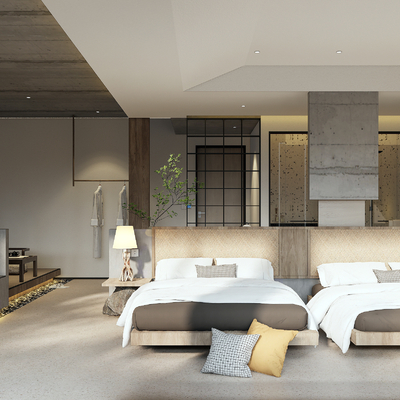  侘寂风民宿客房 双床房su模型 