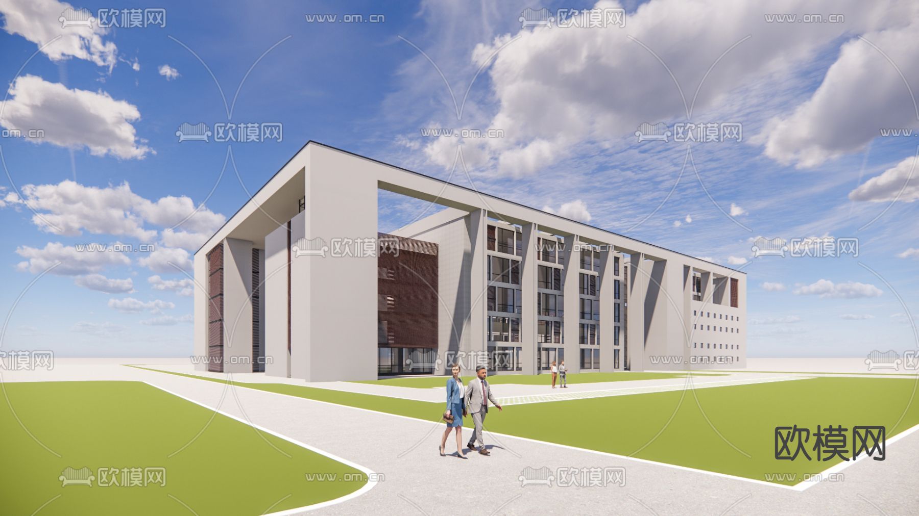 现代多层办公楼外观su模型下载（渲染图3）