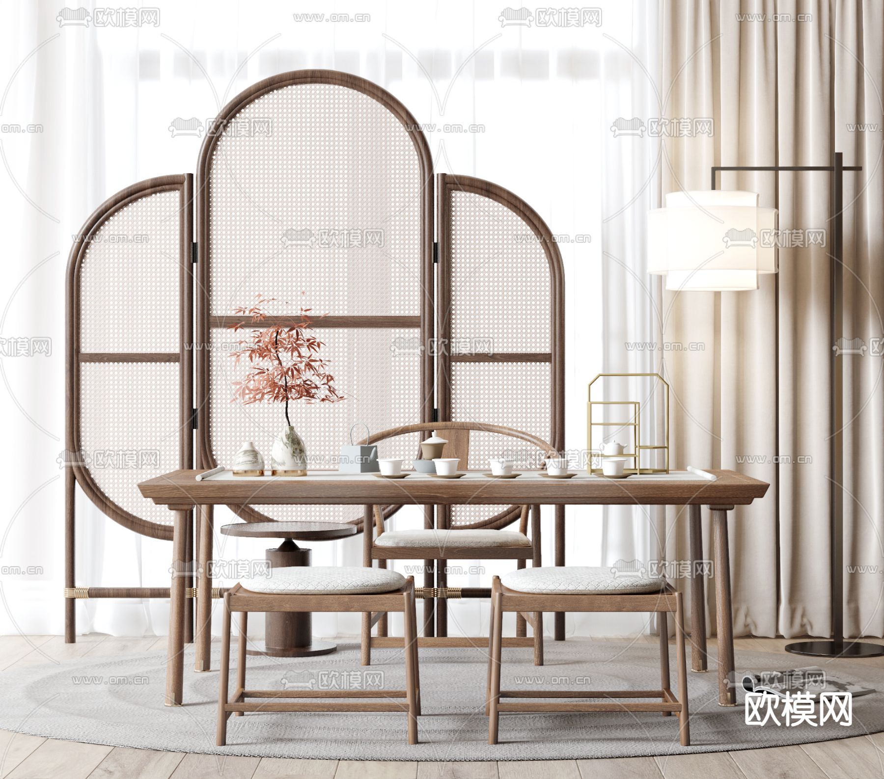 新中式茶桌椅3d模型下载