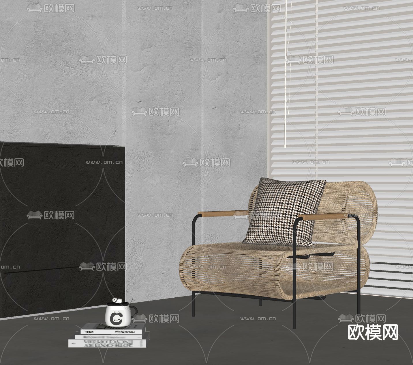 侘寂风藤编休闲椅子su模型下载（渲染图2）