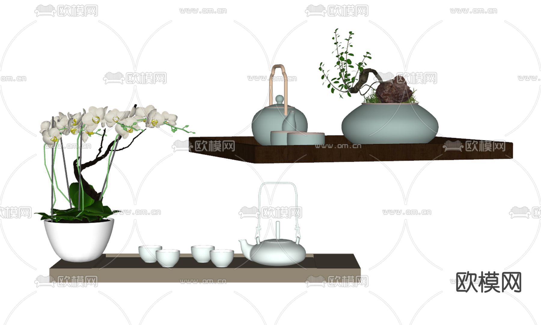 新中式茶具 绿植盆栽su模型