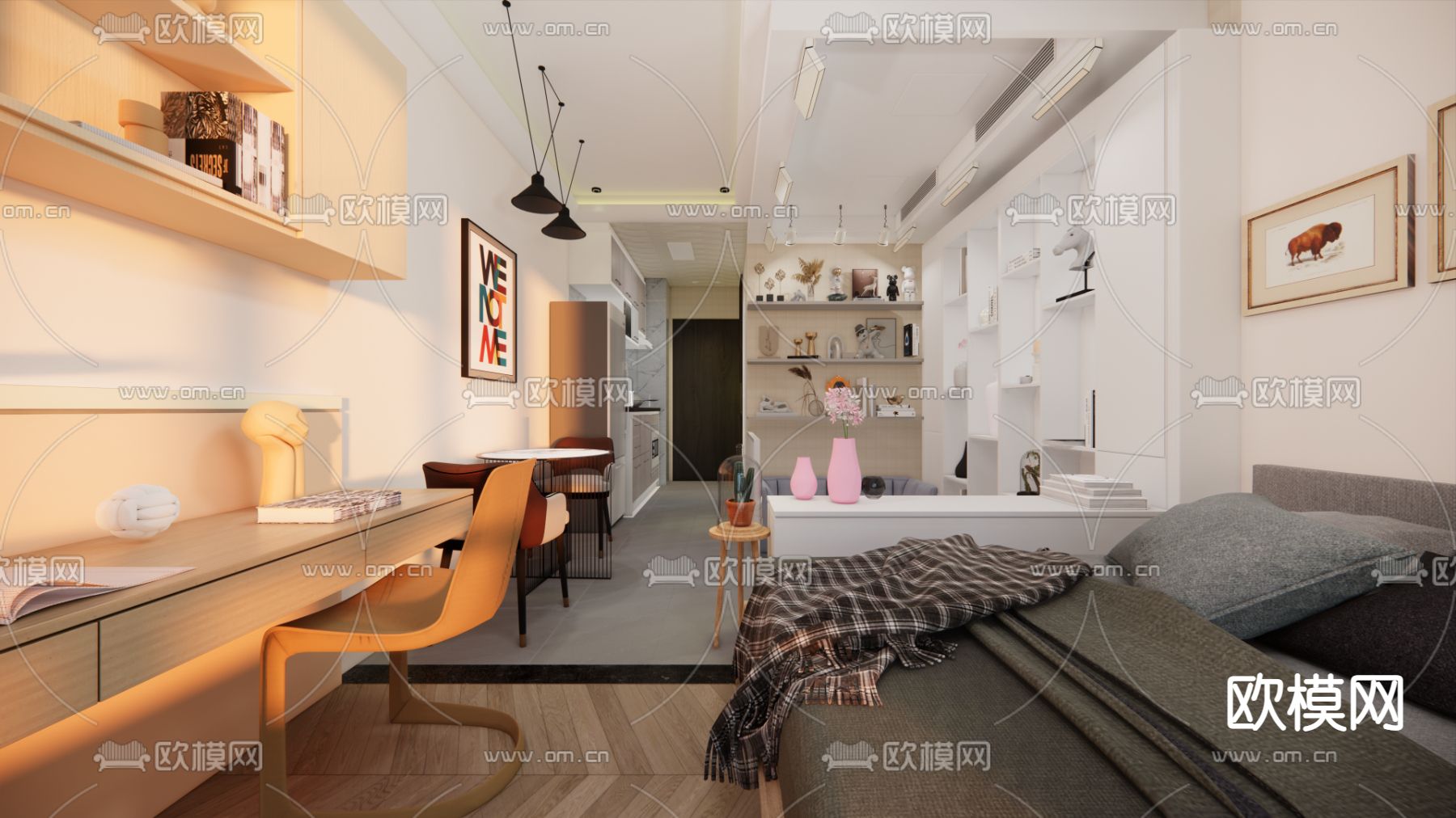 现代单身公寓家居su模型下载（渲染图1）