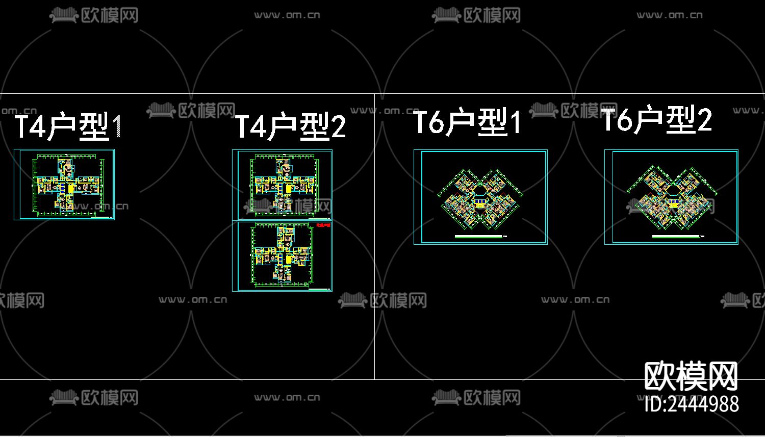 一梯四户、六户户型标准平面图cad施工图下载（渲染图1）