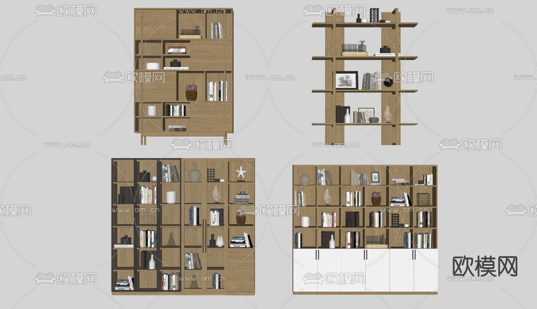 实木书柜 壁柜吊柜su模型下载（渲染图2）