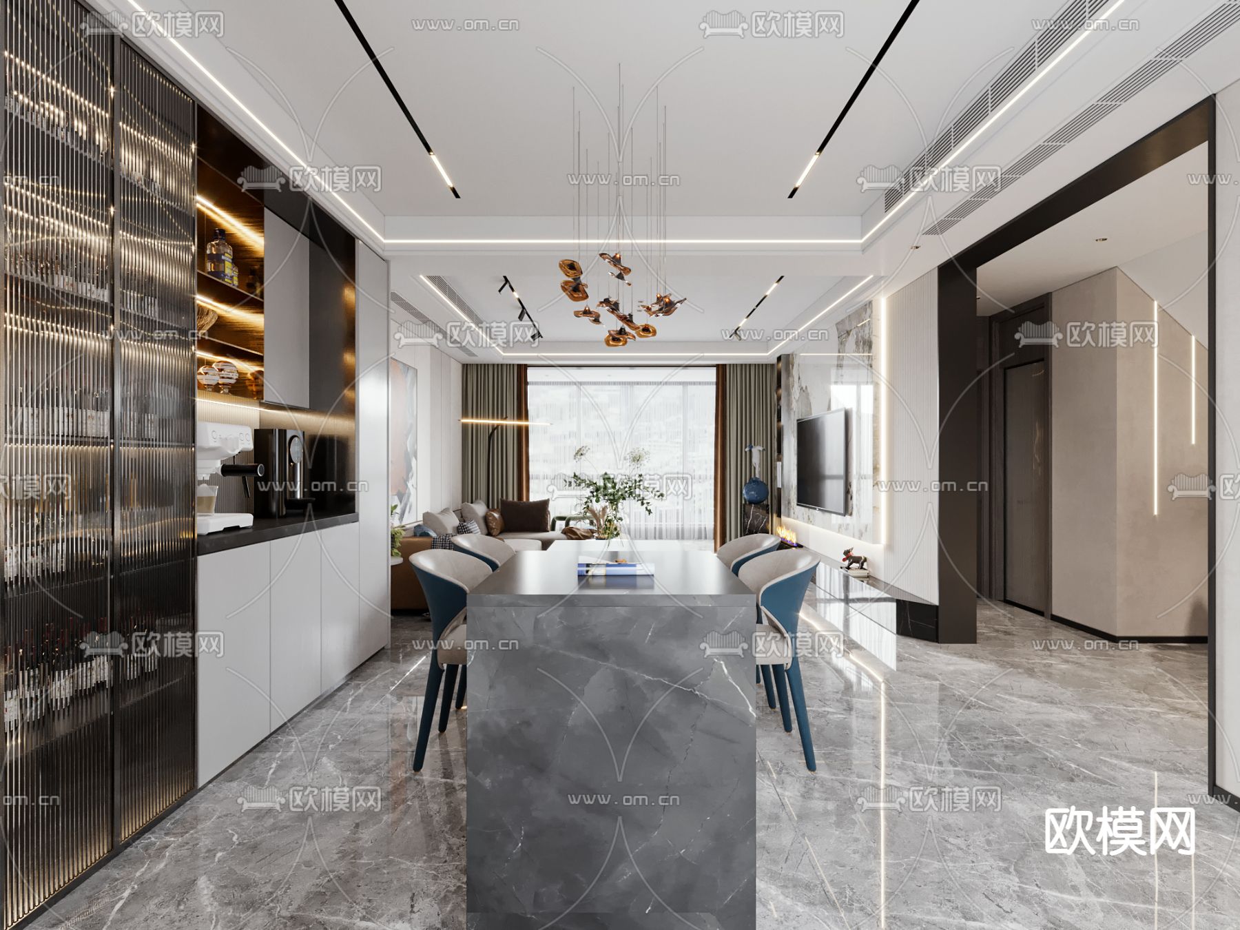 现代别墅客餐厅3d模型下载（渲染图7）