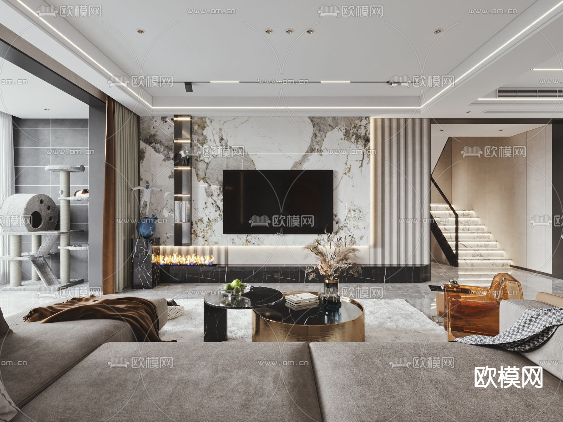 现代别墅客餐厅3d模型下载（渲染图6）