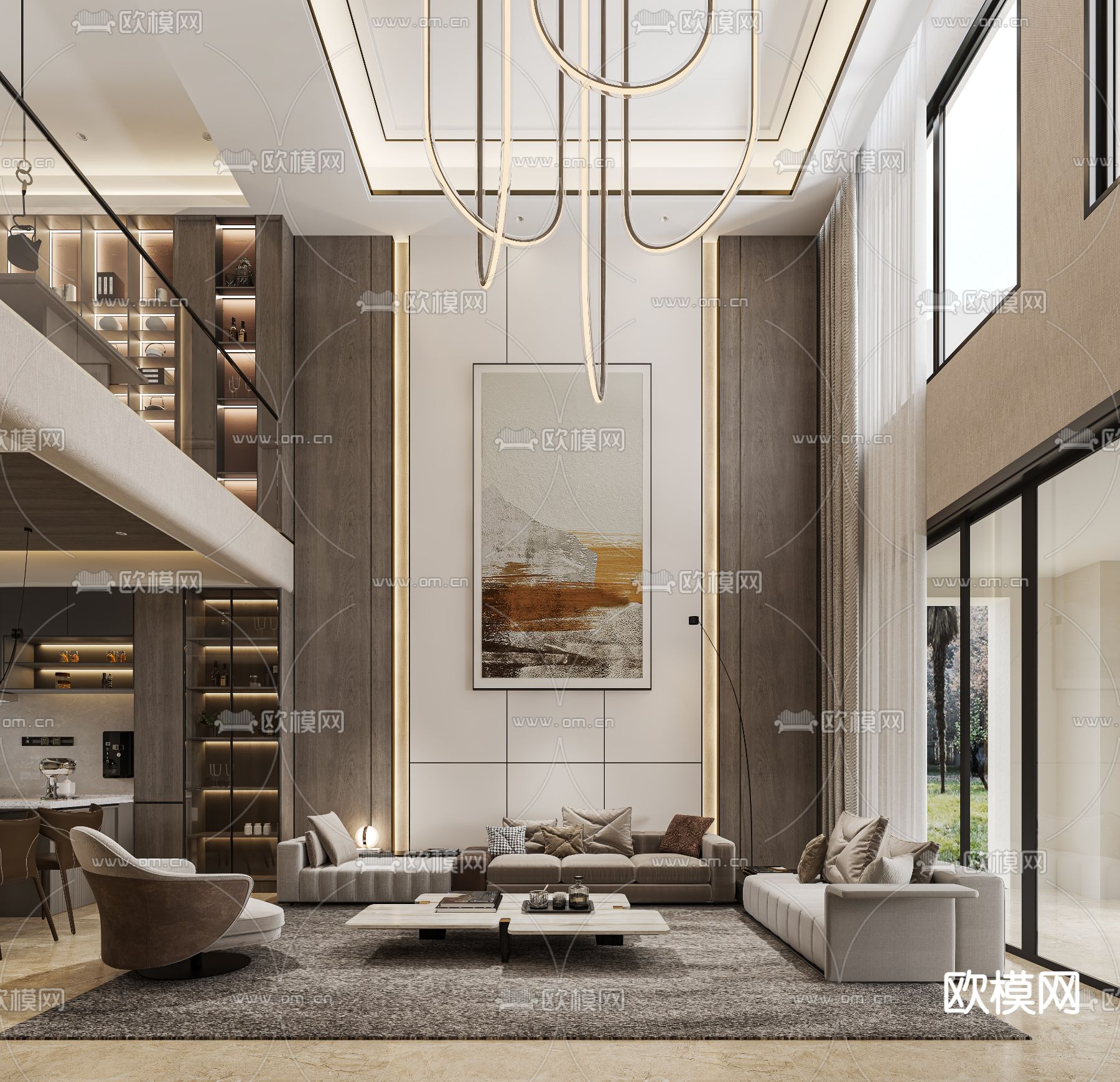 奶油风客餐厅3d模型下载（渲染图1）